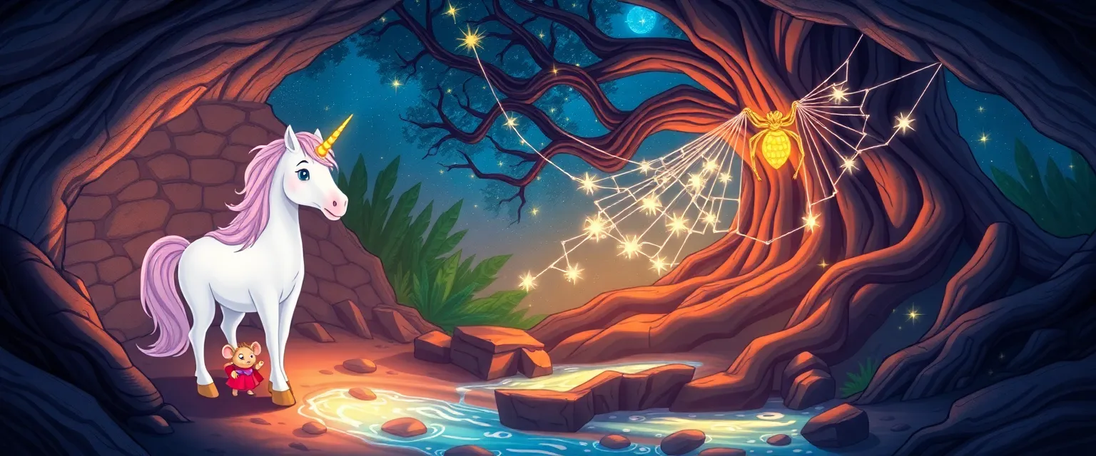 Единорог и мышовка направляют звёздный свет в подземном ручье.