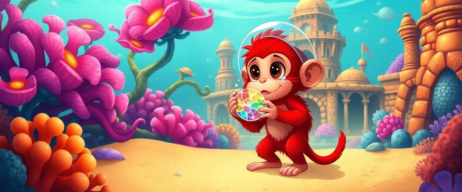 Обезьянка Мило плачет, держа в лапах светящийся осколок раковины.