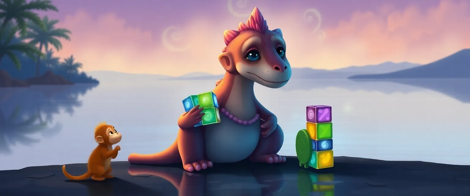 Обезьянка Мило показывает паразауролофу Гармонии волшебные кубики, пока она начинает петь.