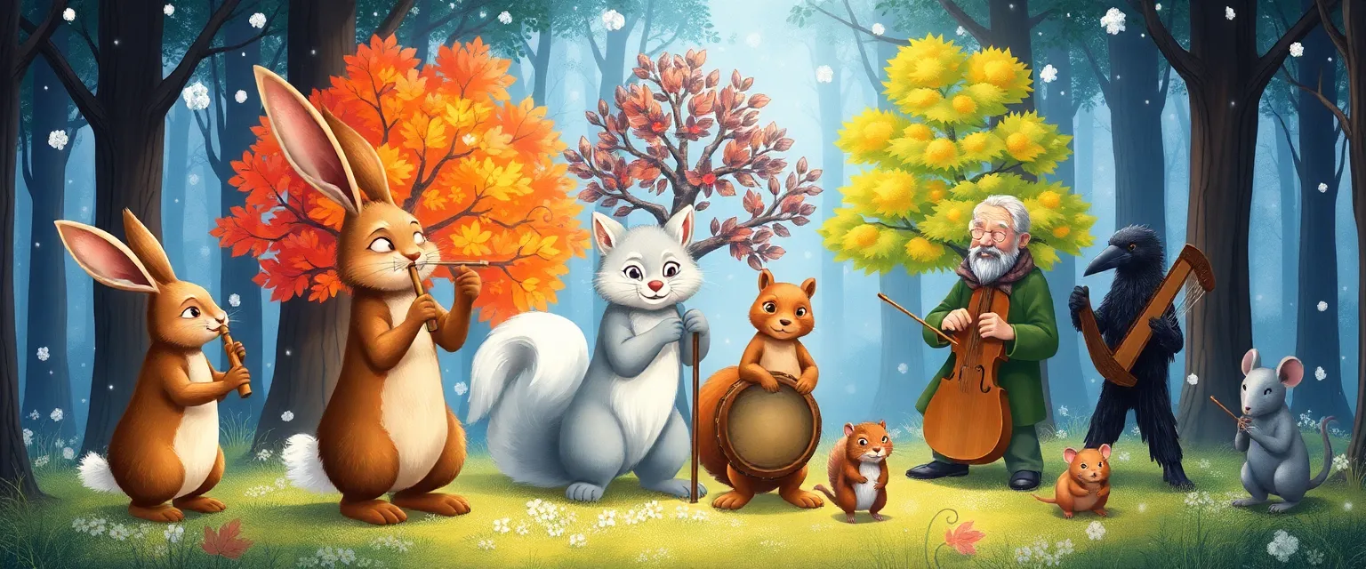 Крольчиха Мелодия и её друзья играют волшебную симфонию времён года в лесной поляне.