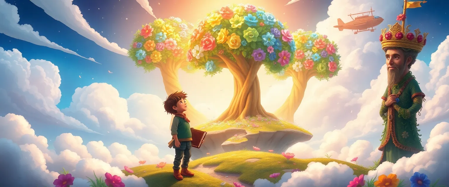 Оливер стоит в ожившем Небесном саду, глядя на цветущие волшебные деревья.