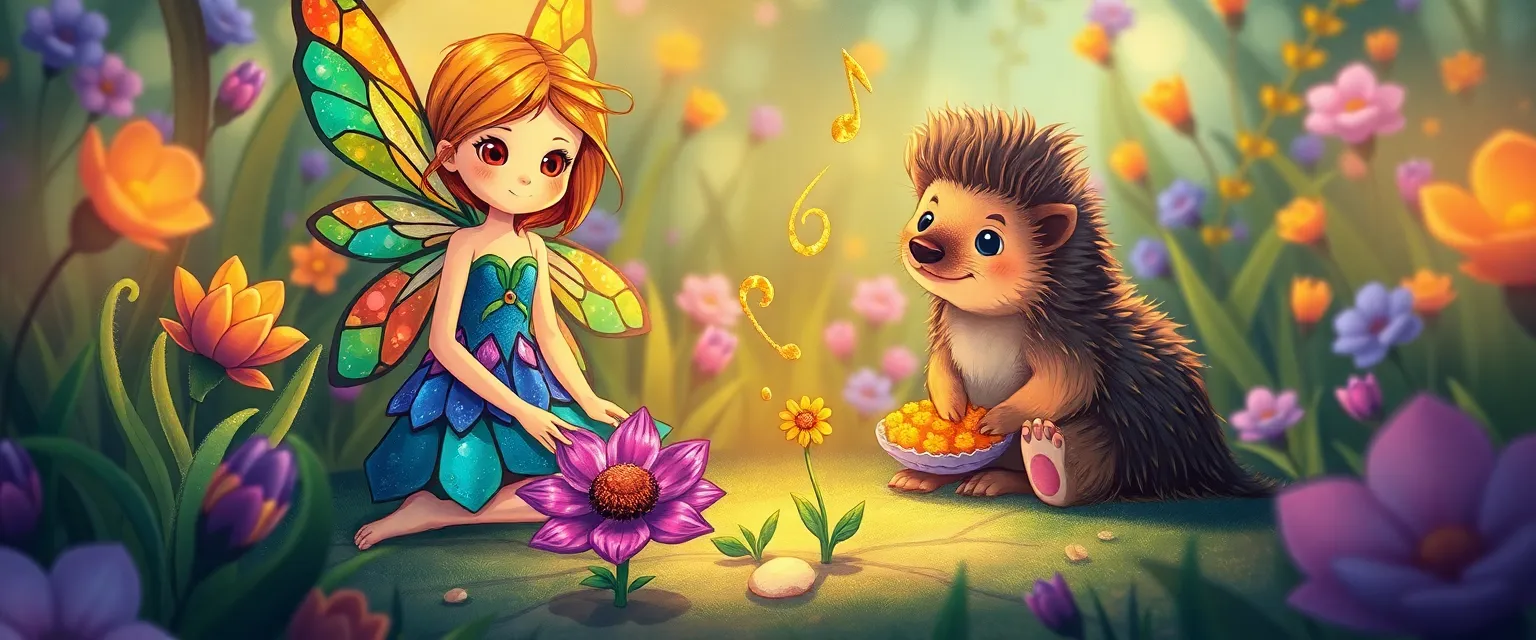 Фея Цветик и ёжик Перчик слушают, как поёт маленькая Репейница.