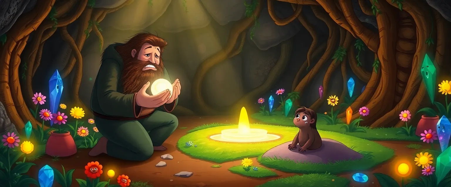 Финн осторожно держит светящееся Семя Снов перед маленькой кротихой Мирой.