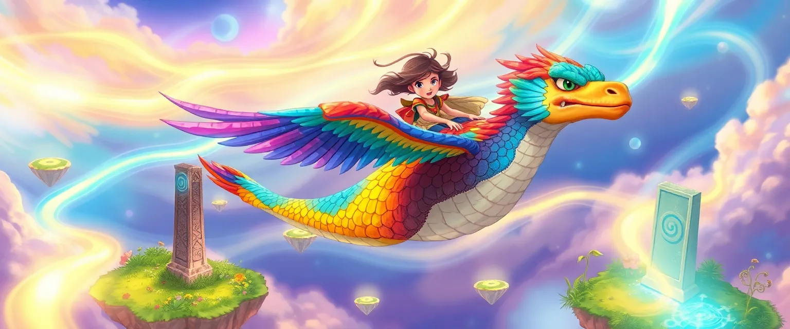 Девочка летит на радужном кетцалькоатле по светящимся воздушным рекам.