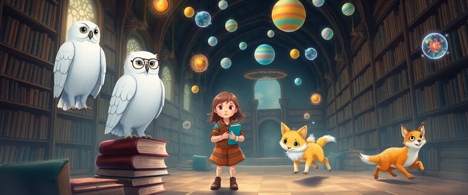 Девочка Катя и сова профессор Гукало в волшебной библиотеке светящихся вопросов.